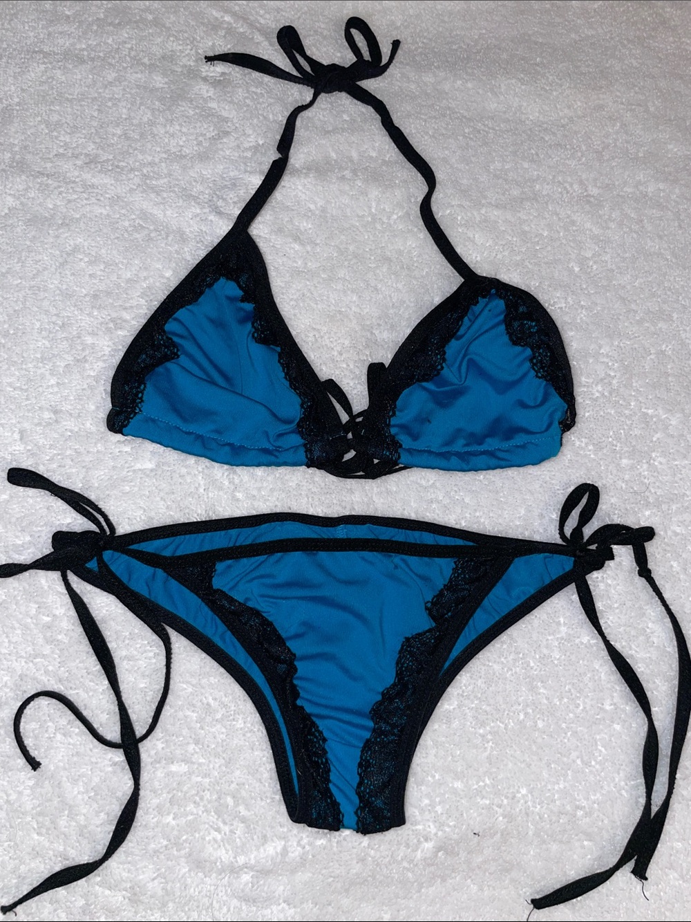 Teal Triangle Bikini Set with Black Lace Trim - Women's Swim